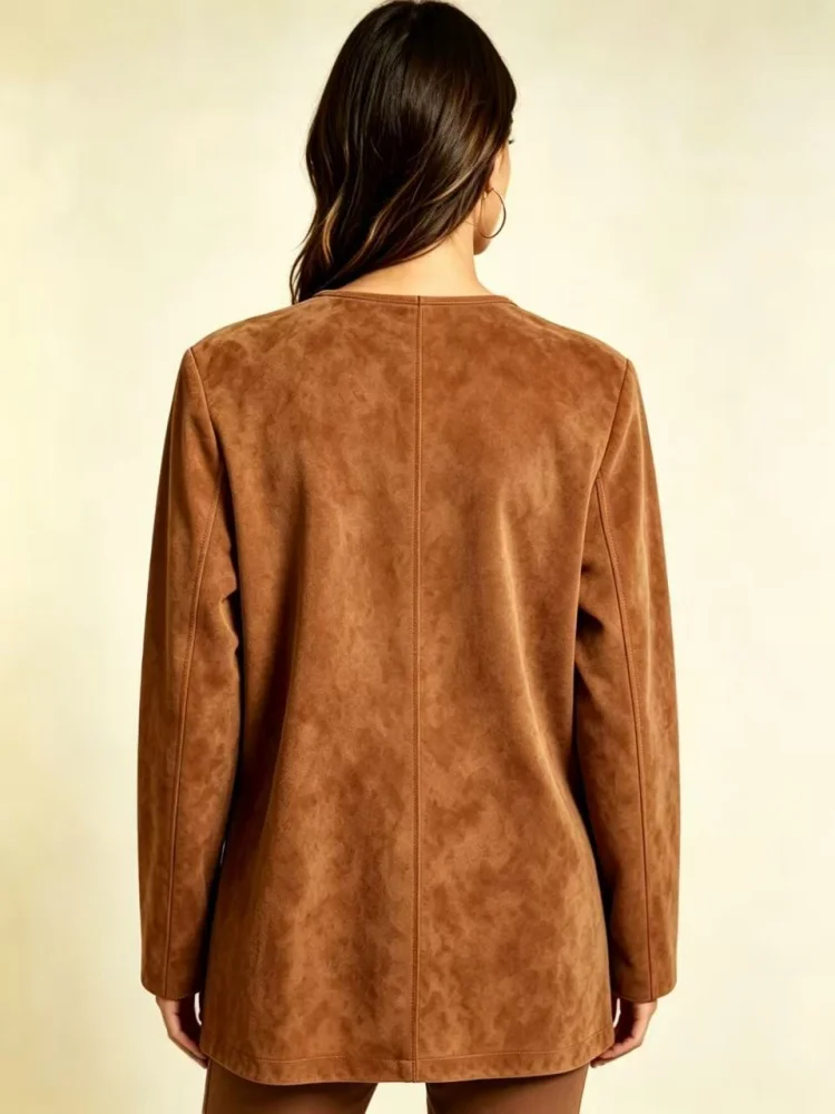 Women's Vintage Western Faux Suede Fringe Top, Long Sleeve Split Neck Loose Fit Slimming Cowboy Casual Tunic Shirt