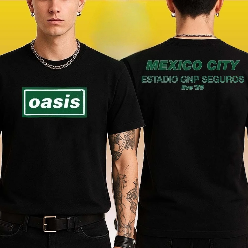 تي شيرت بنمط طباعة كلاسيكي من Oasis Mexico لعام 2025 هو قميص تذكاري بأكمام قصيرة مناسب لكل من الرجال والنساء لارتدائها