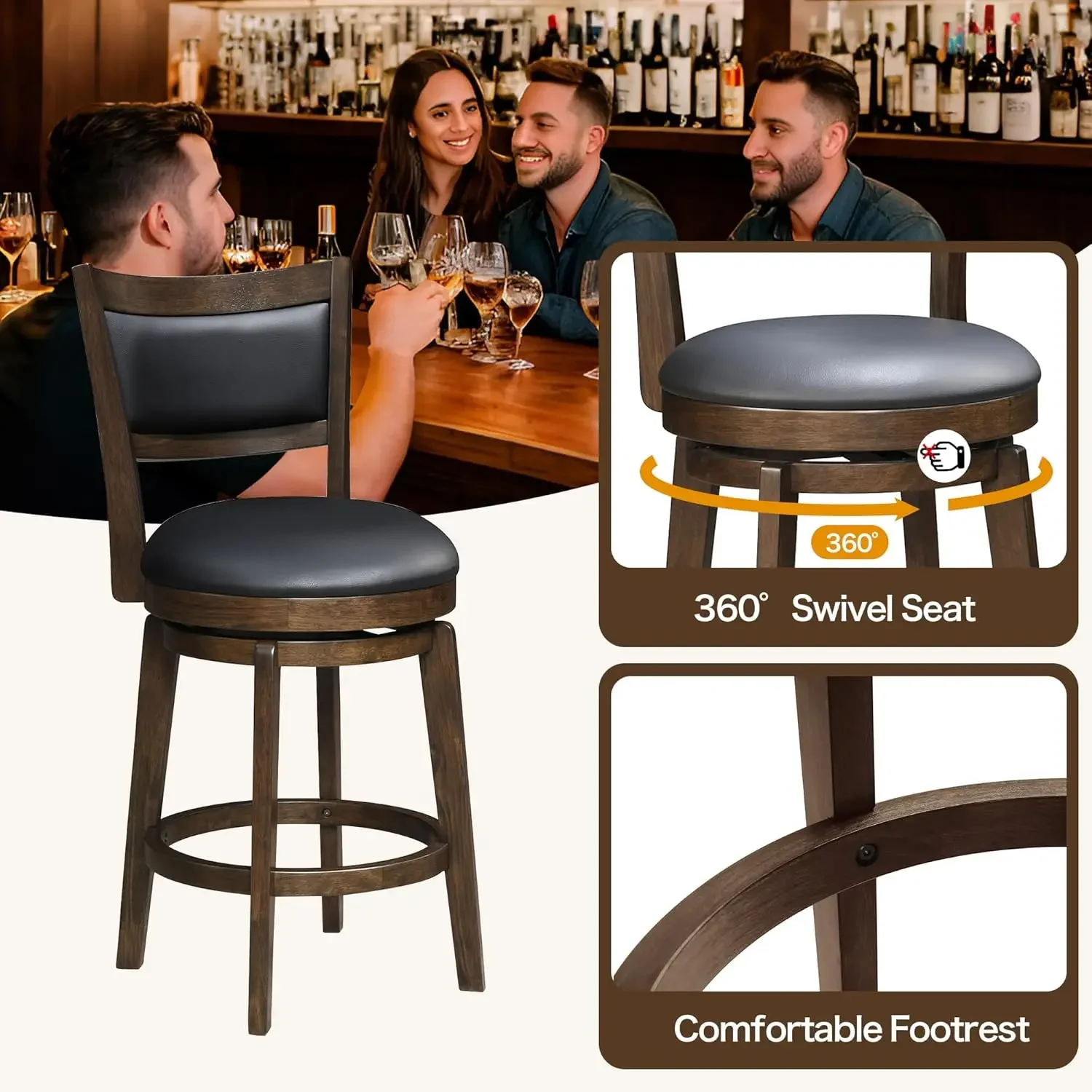 Juego de 4 taburetes de bar con altura de mostrador de 24 pulgadas, taburetes de bar giratorios con respaldo alto, asiento tapizado de piel sintética negra y reposapiés de madera maciza