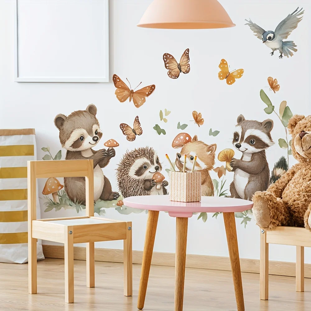 Autocollant mural Animal de la Jungle, dessin animé, cuisine, hérisson, ours Floral, oiseau, sparadrap muraux, chambre à coucher, salle de jeux, décoration de maison