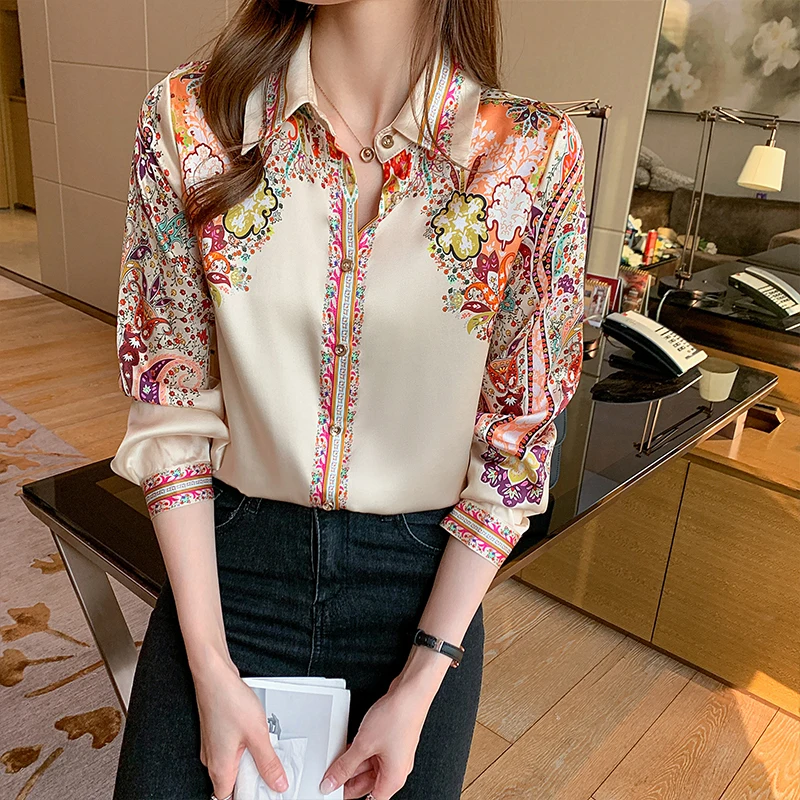 Fashion Floral Print Blouse Autumn Long Sleeve Silk Women Clothes Spring Satin Shirt Elegant Office Lady Tops Blusas Mujer 18440