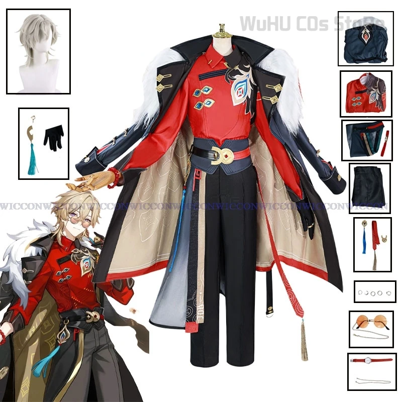 لعبة هونكاي ستار رايل كوسبلاي افينتورين أزياء تنكرية بدلة حمراء جديدة للبشرة افينتورين شعر مستعار للرجال بدلة لعب الأدوار كرنفال الهالوين
