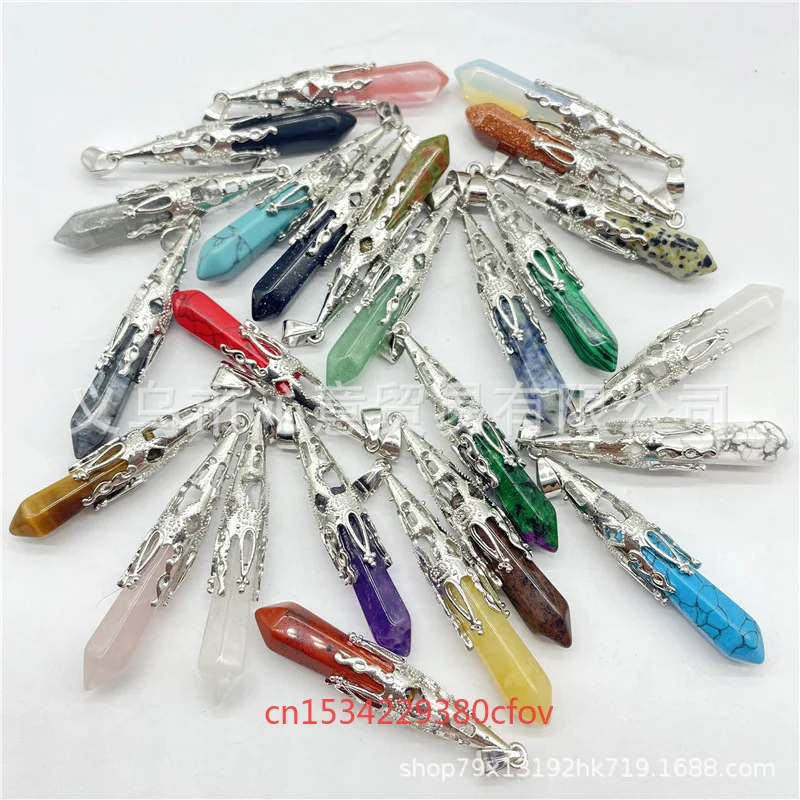 5pc Natural Gemstone Crystal Agate Single Pointed Spiritual Pendulum Hexagonal Pillar Alloy Pendant Necklace Accessories