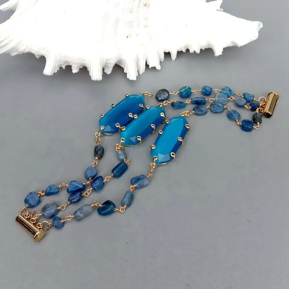 YYGEM 3 Rows 6x8mm Natural Blue Kyanite Rosary Chain 14x40mm Blue Cat Eye Cz Set Jade Gemstone Bracelet