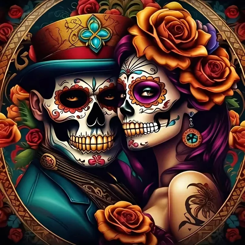 

Sugar Skull Couple & Orange Red Rose Jigsaw Puzzle, Vintage Ornate Frame Mexican Folk Home Decor Classic Entertainment Toy