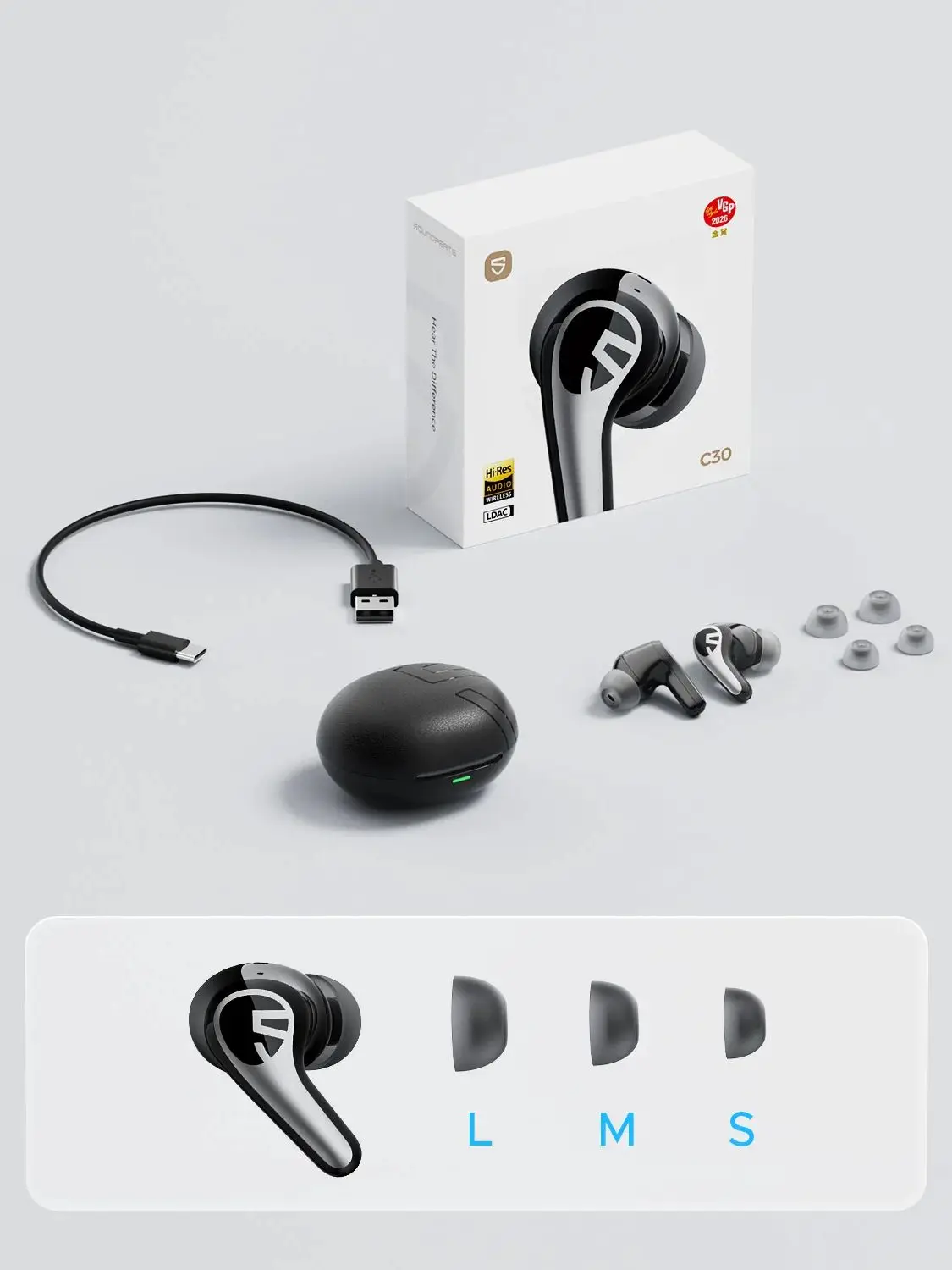 SOUNDPEATS C30 Bezprzewodowe Słuchawki -52dB Hybrydowe ANC Bluetooth 6.0 Słuchawki Hi-Res LDAC Audio, 6 Mikrofonów ENC, Szybkie Ładowanie, IP54 — zdjęcie produktu 7