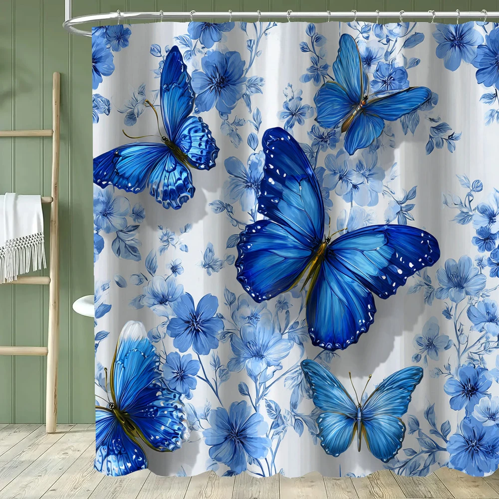 1pc Beautiful Blue Butterfly Shower Curtain Floral Bathroom Contain Decoration Printed Polyester Fabric Contains 12 Hooks