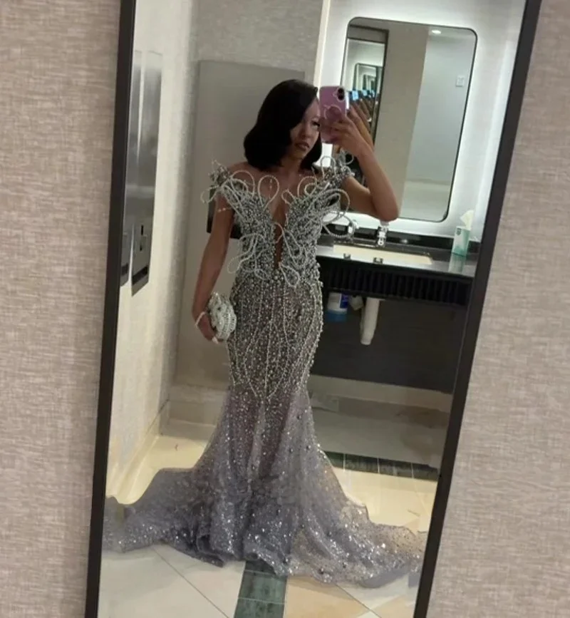 Silver South African Prom Dresses For Black Girls Mermaid Sheer Sequins Pearls Aso Ebi Robe De Soiree Evening Gown Customized