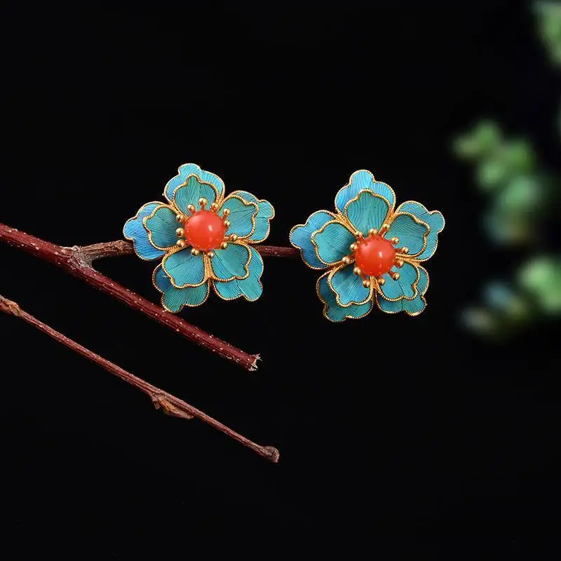 Handmade S925 Sterling Silver Cloisonne Kingfher Feather Style Peony Earrings Royal Vintage Adjustable Exquisite Gift for Women