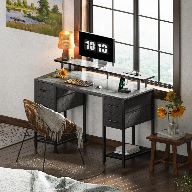 

55 inch Computer Desk with 4 Drawers, Gaming Desk with LED Lights & Power Outlets, Home Office Desk with Large Storage Space