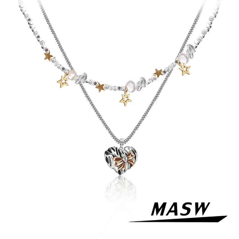 

MASW Original Design Retro Temperament Two Layer Heart Bowknot Pendant Necklace For Women Party Wedding Gift Fashion Jewelry