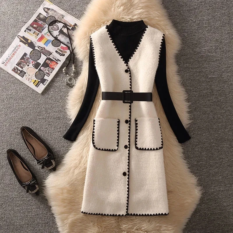 Gilet da donna alla moda gilet gilet monopetto di media lunghezza elegante cappotto senza maniche sottile autunno e inverno con cintura