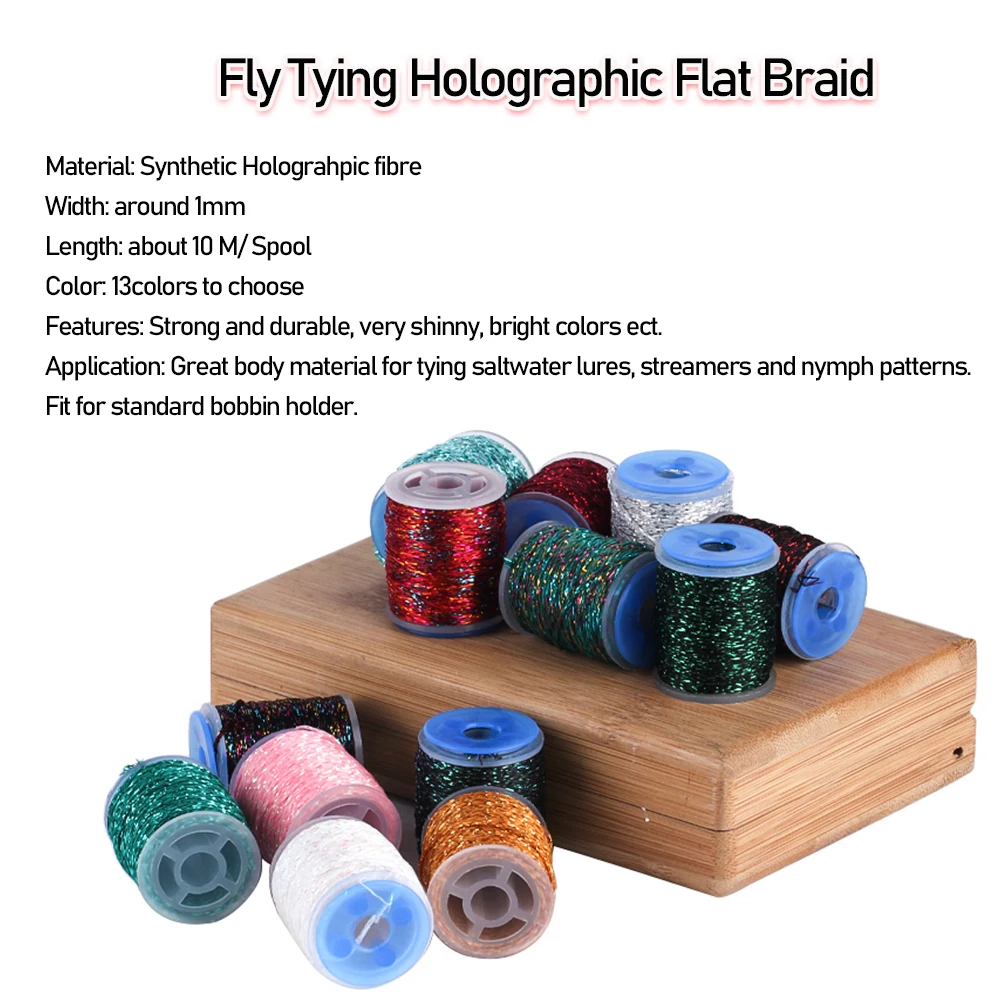 Vampfly 10M Fishing Fly Tying Holographic Flat Braid Synthetic Metalic Yarn Streamers Saltwater Flies Nymph Body Tying Material