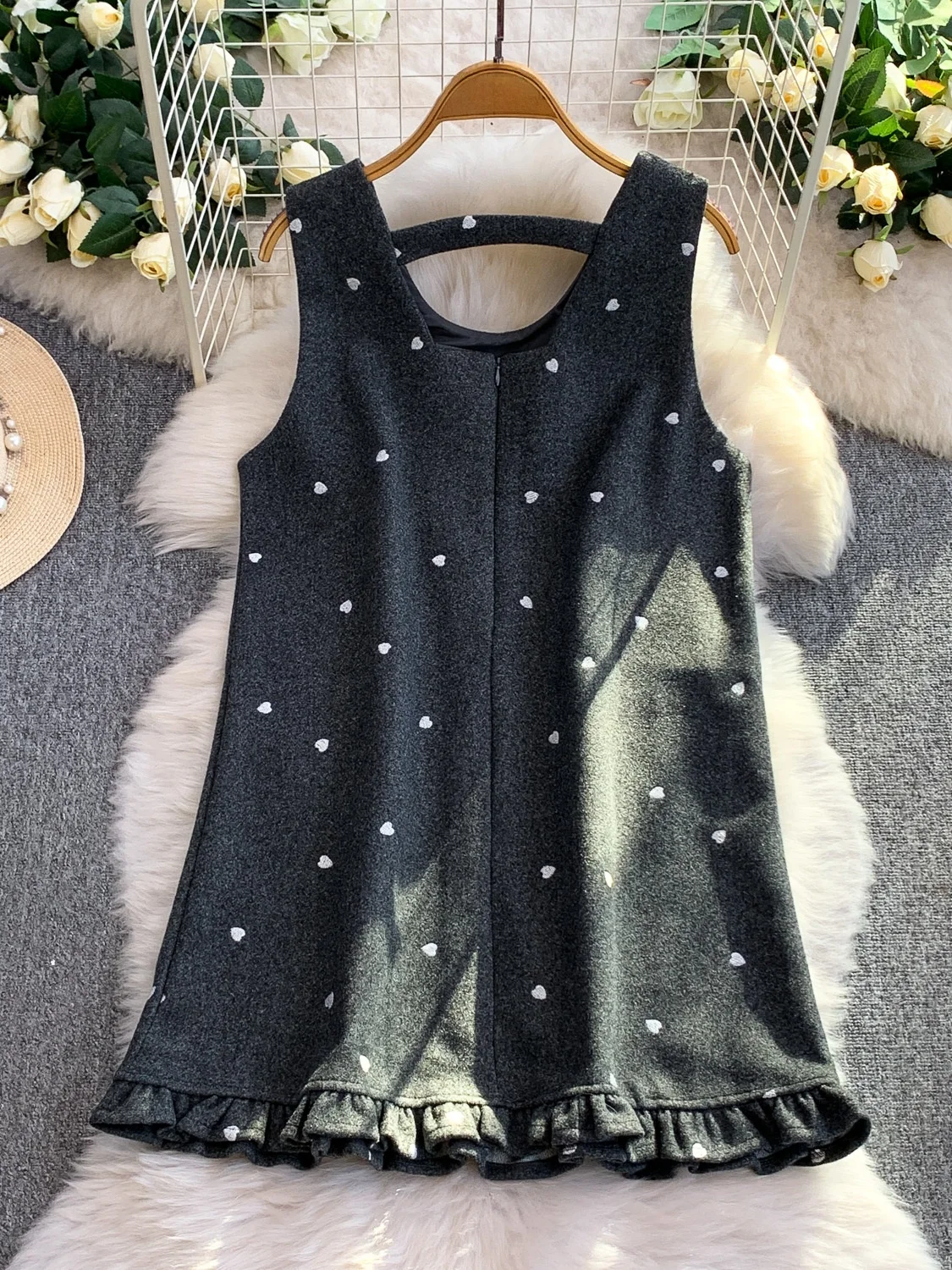 Retro Sweet Polka Dot Svel Vest Dr Women's Autumn Winter Soft Loose Slimming Gored Skirt mid Length A-Line Dr