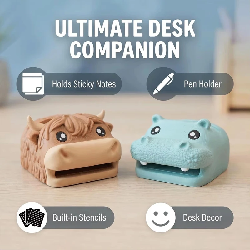 Highland Cow Note Holder,Sticky Holder and Dispenser with Stencil Set,Desk Hippo-Campus Organizer with Pen Holder and Photo Slot