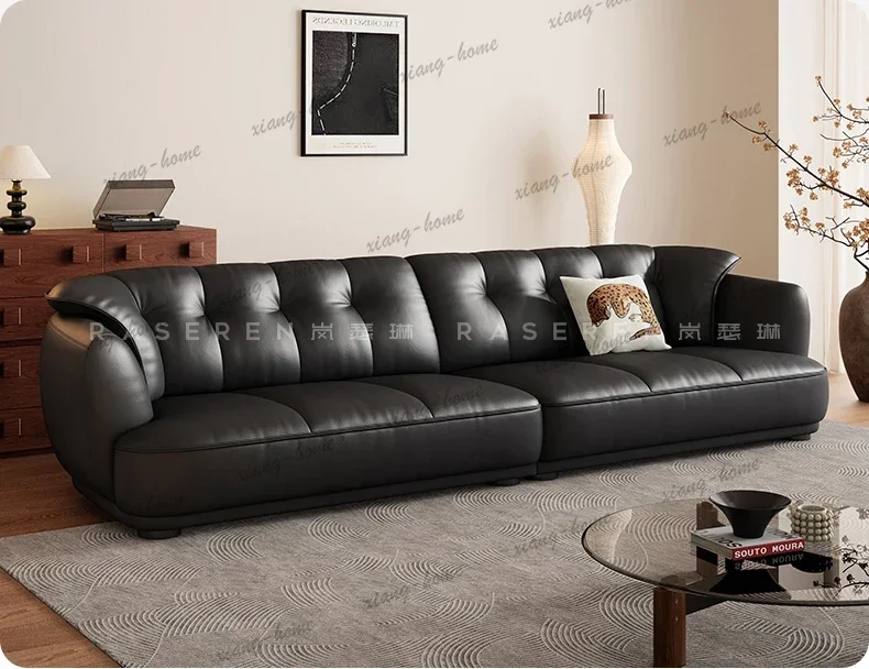 FG Black retro leather sofa first layer cowhide living room horizontal hall small apartment straight row wide sitting deep
