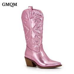 GMQM Cowboy Pink Cowgirl Boots For Women 2023 Fashion Zip Embroidered Pointed Toe Chunky Heel Mid Calf Western Boot Shinny Shoes