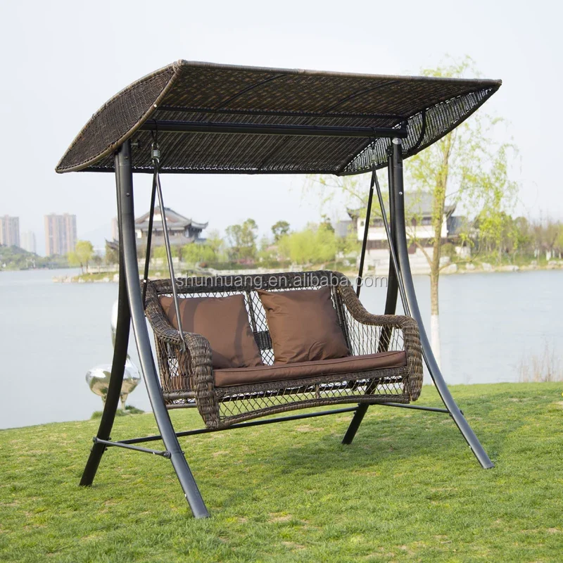 New arrival metal wicker hanging swing chair 2 seat for adult cushion with canopy outdoor furniture