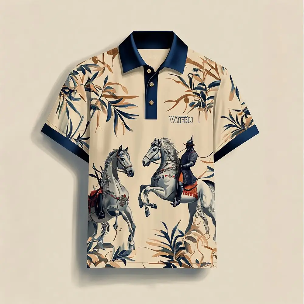 

Original Men's Retro Equestrian Print Polo Shirt Stylish Rider Pattern Outdoor Vacation Top Summer Casual Fashion Men's Clothing
