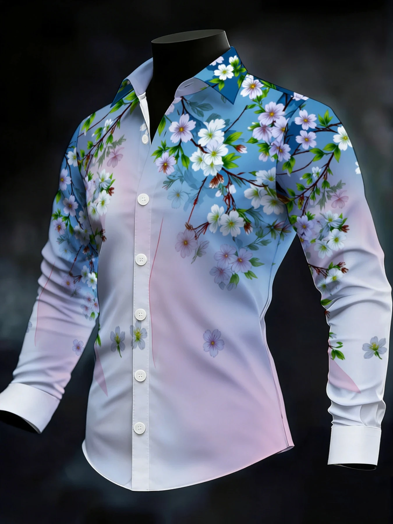 Fashion Men Button‑Up Shirt Spring Cherry Flower Twig Botanical Graphic Polyester Dating Party Casual