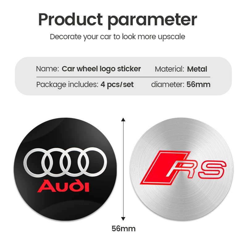 56mm 4Pcs Car Wheel Hub Caps Emblem Stickers Decoration for AUDI A3 A4 A5 A7 A8 A1 R8 TT Q3 Q5 Q7 S3 S4 S5 S6 Sline RS