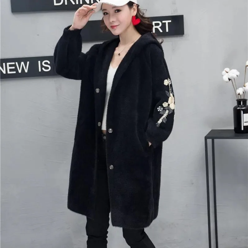 Thickened Autumn and Winter New Imitation Mink fur Coat Women\'s Medium Long Embroidered Knitted Cardigan Hooded Mink fur Coat WS