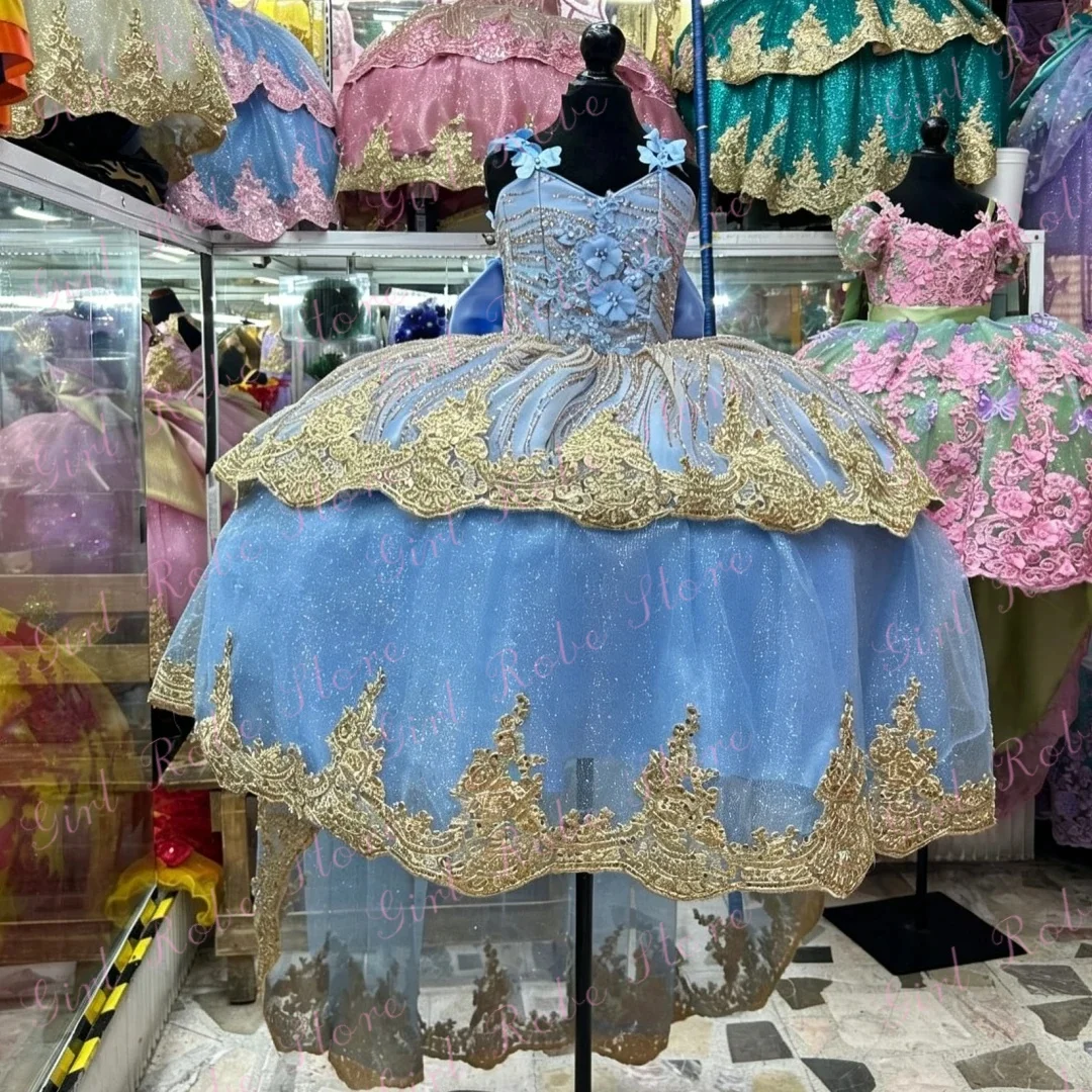 Customized Classic Blue Flower Girl Dress For Wedding Gold Appliques Glitter Tulle Luxurious Kids Birthday Pageant Banquet Gown