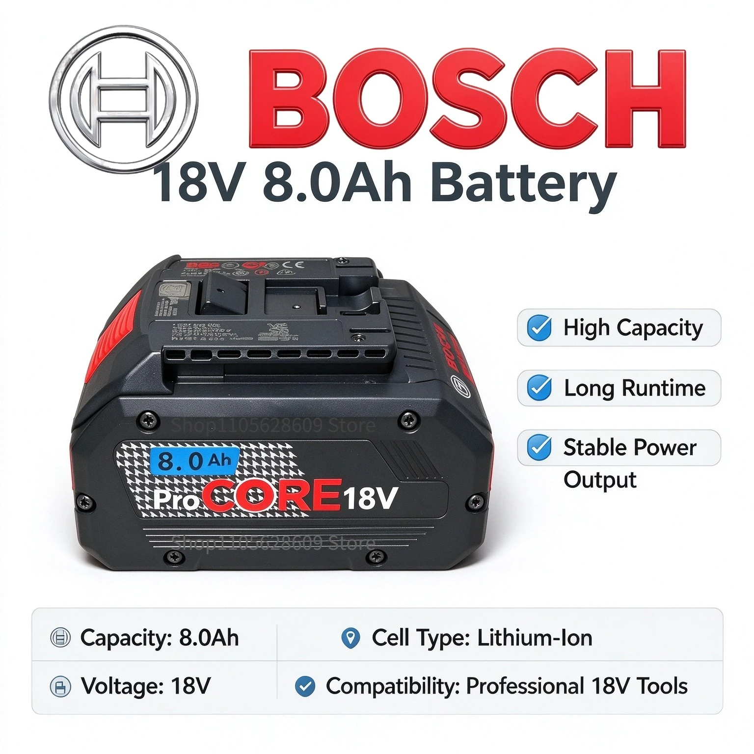NEW Bosch 18V 8.0Ah ProCORE Li-ion Battery Suitable for Bosch BAT609 BAT618 GBA18V80 GSR/GSB180-Li 21700 Cell Power Tool Battery