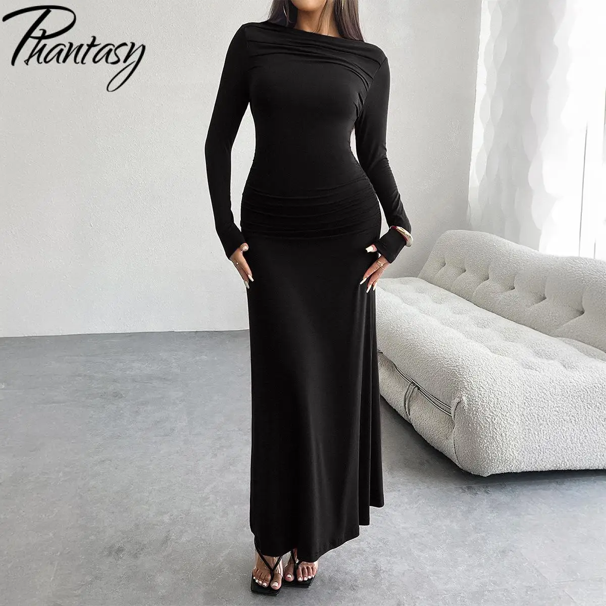 Phantasy Women Fish Tail Dress Solid Color Gown One Collar Hip Hugging Dress Long Sleeved Wedding Party Robe Autumn Clothing