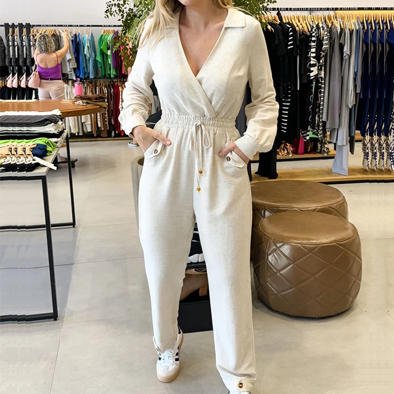 

Elegant Lapel V-neck Solid Color Long Jumpsuit Women Casual Long Sleeve Pocket Romper Fashion Hight Waist Drawstring Playsuits