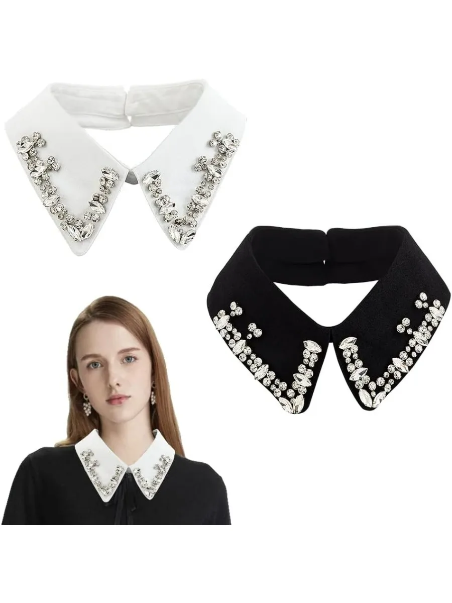 2 Pcs Rhinestones False Collars Detachable Dickey Collars with Crystal Half Shirt Blouse False Collar Choker for Women White