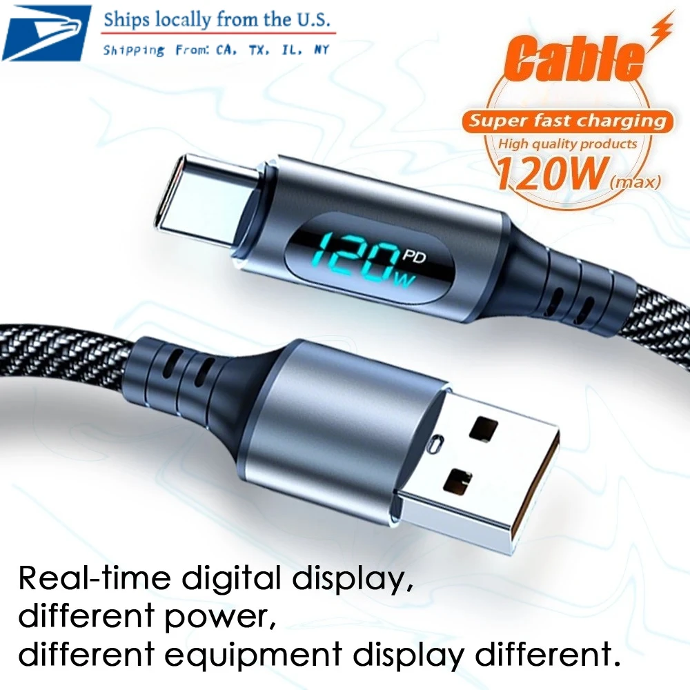 NEW 120W USB A to Type C Super Fast Charge Cable Nylon Data Cord for Xiaomi POCO Samsung With Led Digital Display Cable