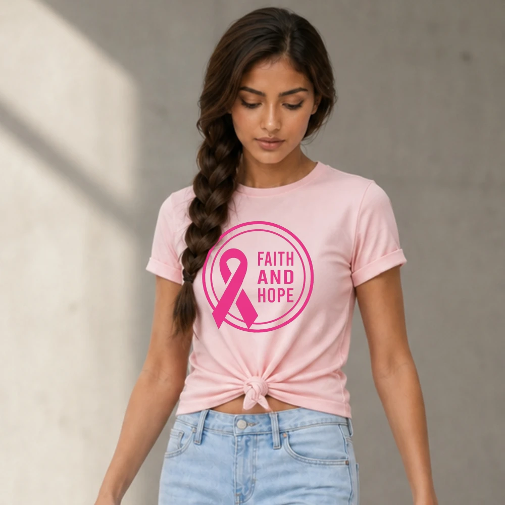 Faith and Hope Pink Ribbon Circle T Shirt Women Breast Cancer Awareness Short Sleeve Crew Neck Casual Cotton Graphic Tee Tops