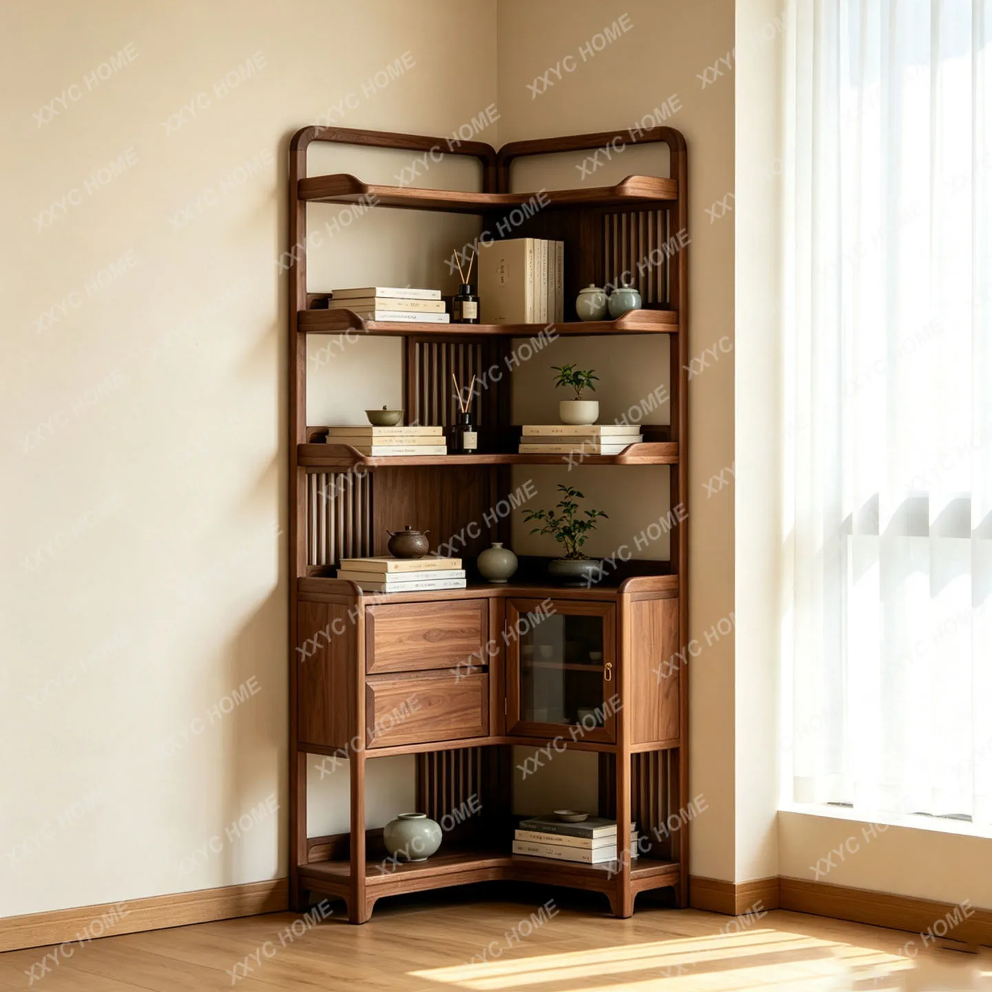 Black walnut corner cabinet Bogu rack new Chinese compartment bookshelf living room corner solid wood storage display cabinet