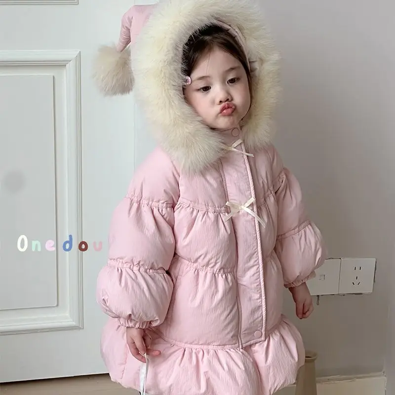 Kids Clothes Warm Warm Winter Thick Baby Girl Pink Cotton Sweet Hodded Outwear Bow Sweet Princess Snow Long Jacket Coat Jacket