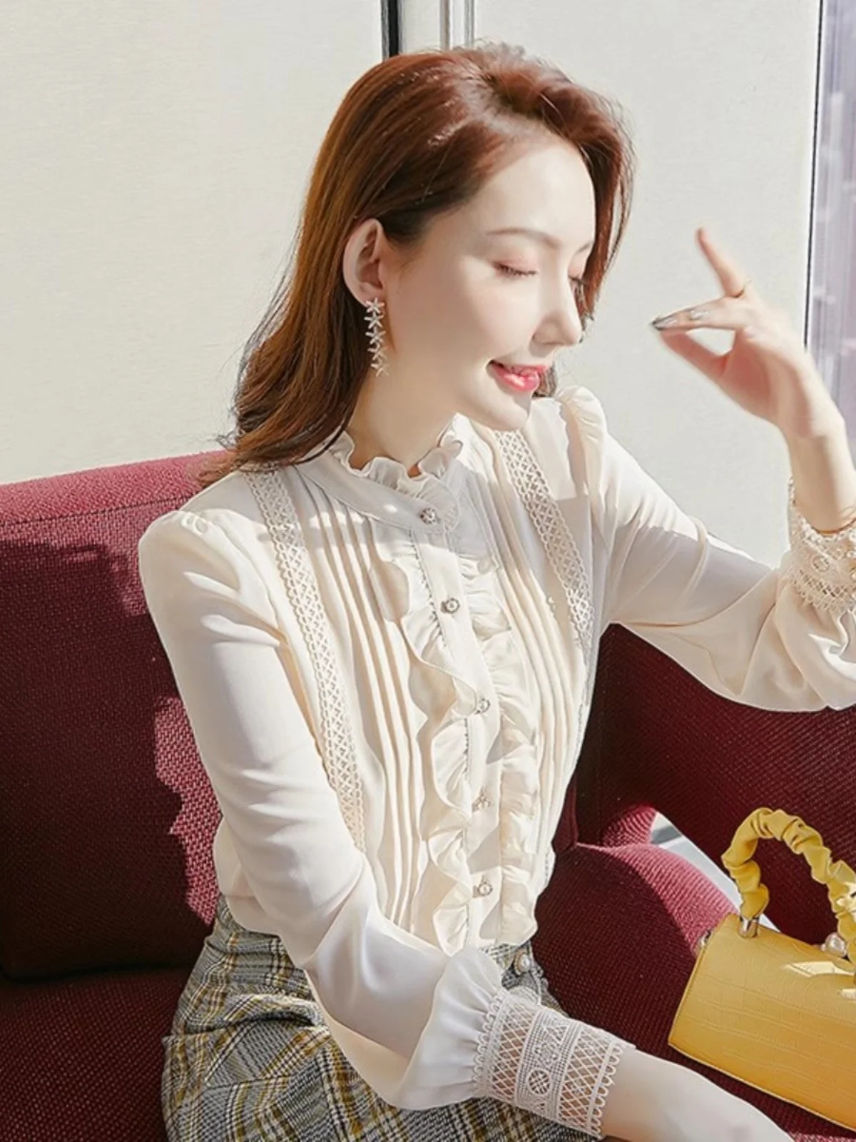 Mary Autumn New Sle 2025 Chiffon irt Stand Collar Wooden  Trim Slimming Ele Super Faion Korean Versatile Top Fairy