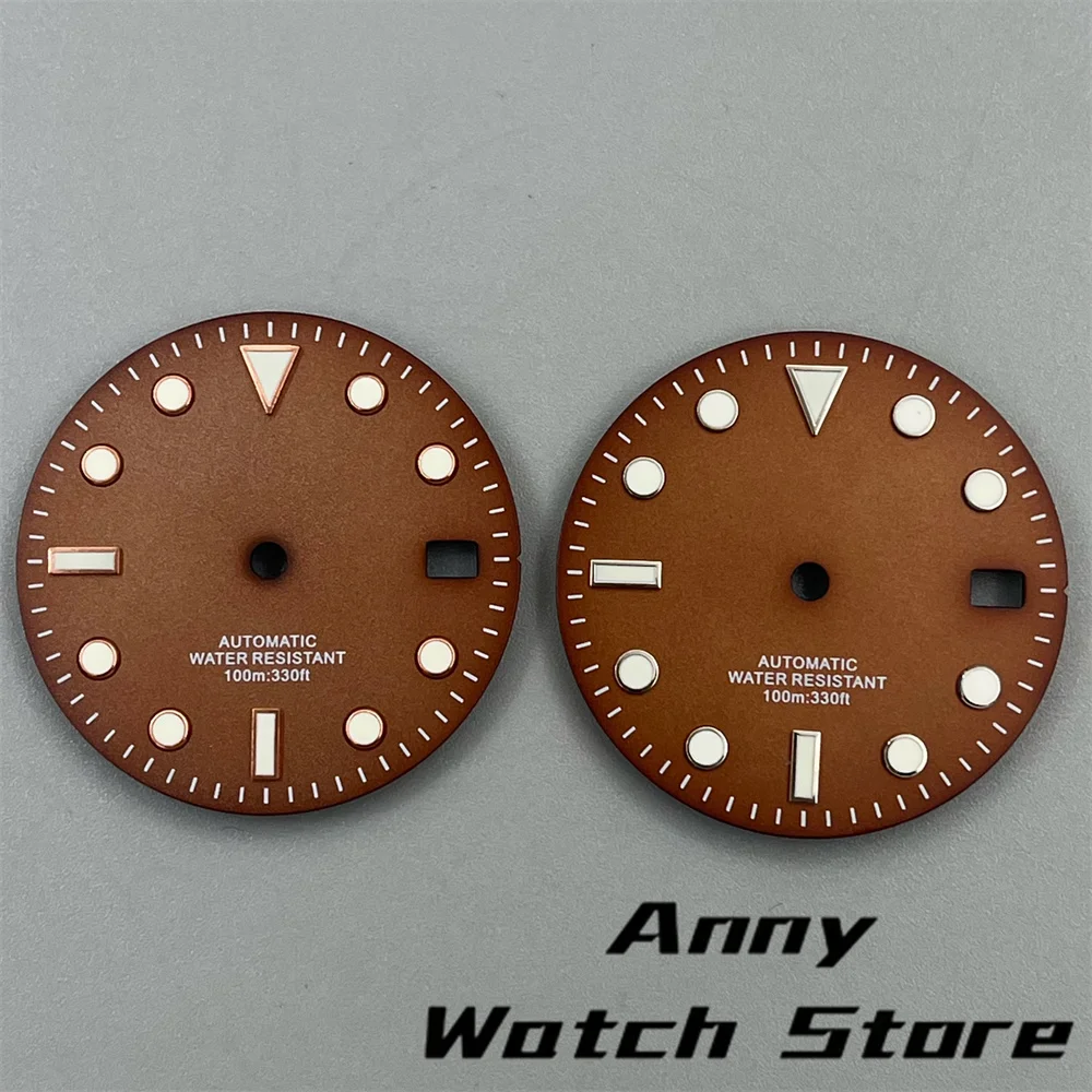 29mm Brown Coffee Dial With Silver Rose Edge Time Marks Green Luminous For NH34 NH35 Movement Date Window