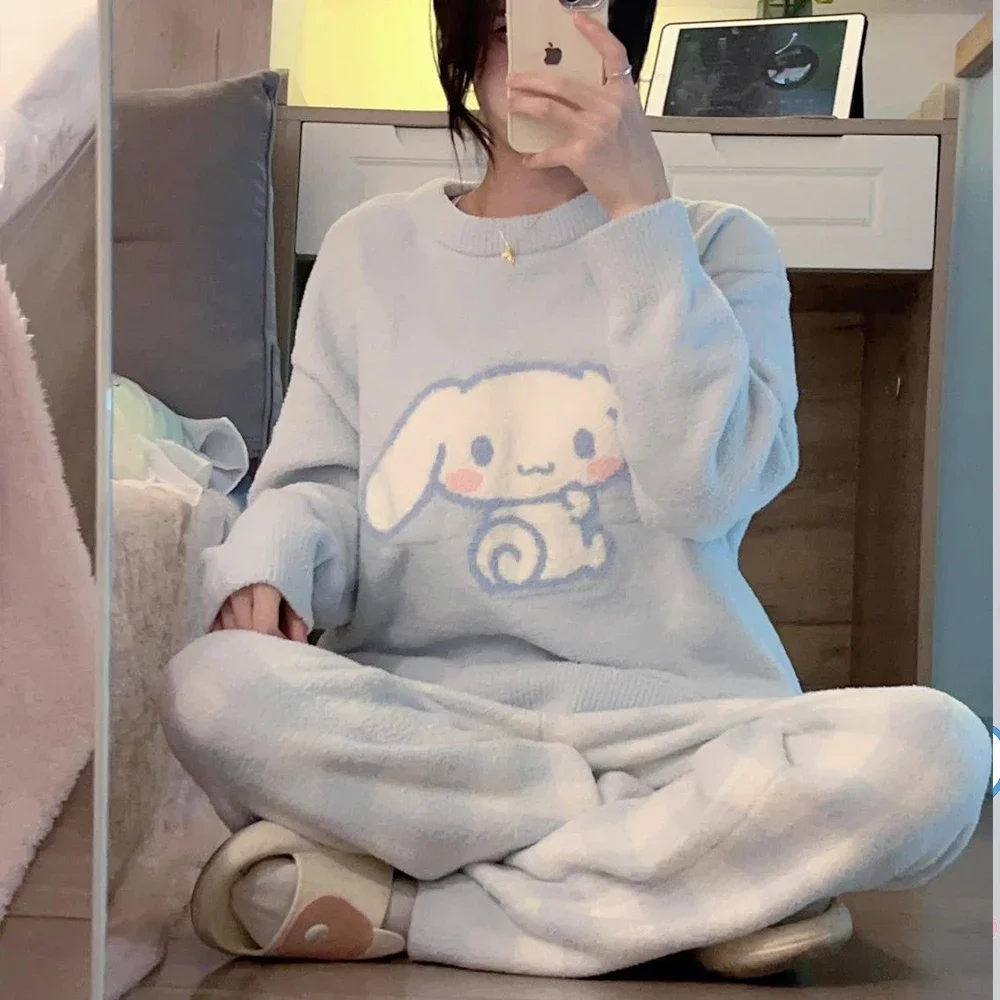 Kawaii Cinnamoroll Pajamas Set Sanrioed Cartoon Women Knitting Plush Homewear Anime Coral Fleece Cute Thickened Girls Tops Pants