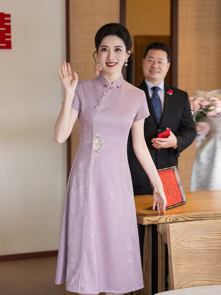 

Новая китайская свадебная юбка Ele Purple для мам, дышащая, из полиэфирного волокна, средней длины, с коротким рукавом