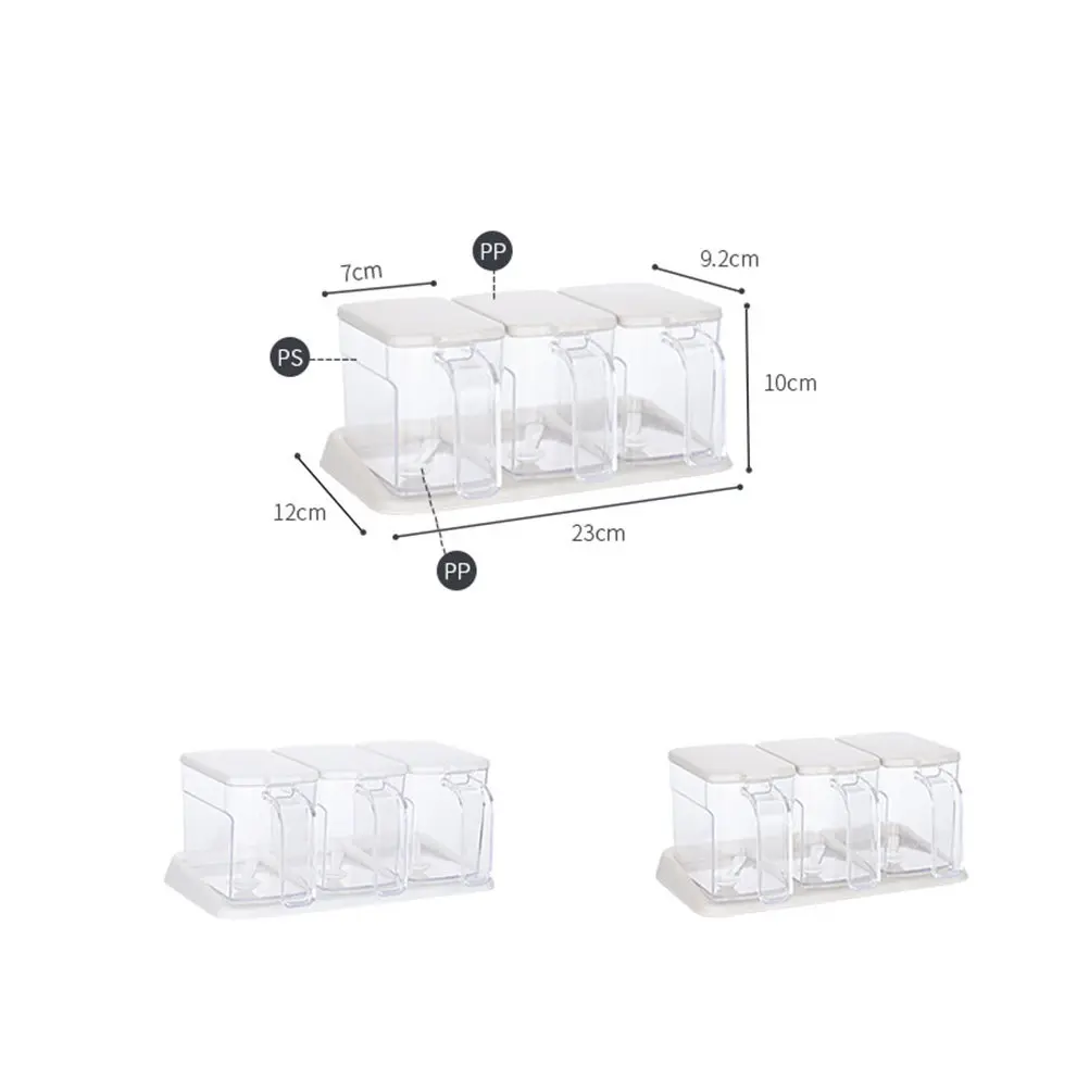 3Pcs Seasoning Bottle Set Transparent Creative Style Dustproof Lid Spoon Serving Tray Condiment Storage Container Household