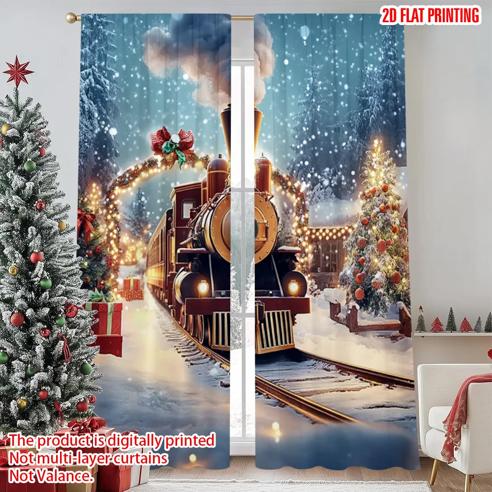

2pcs 2D flat printing Merry Christmas Window Drapes Christmas Train4 Versatile Polyester Fabric Without Electricity Family Party