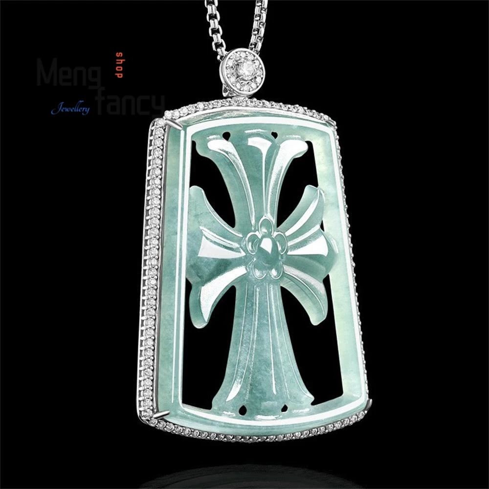 

Authentic Natural A-grade Jadeite Blue Water Kroos Heart Cross S925 Silver Inlay Ice Seed Jade Pendant Luxury Fashion Jewelry