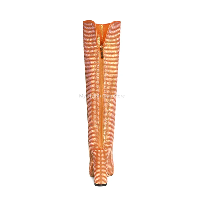 Rhinestone Boots Woman Orange 11Cm Square Thick Heels Shoes Straight Tube Full Diamond Knee Boots Europe Elegant Morden Boots image 6