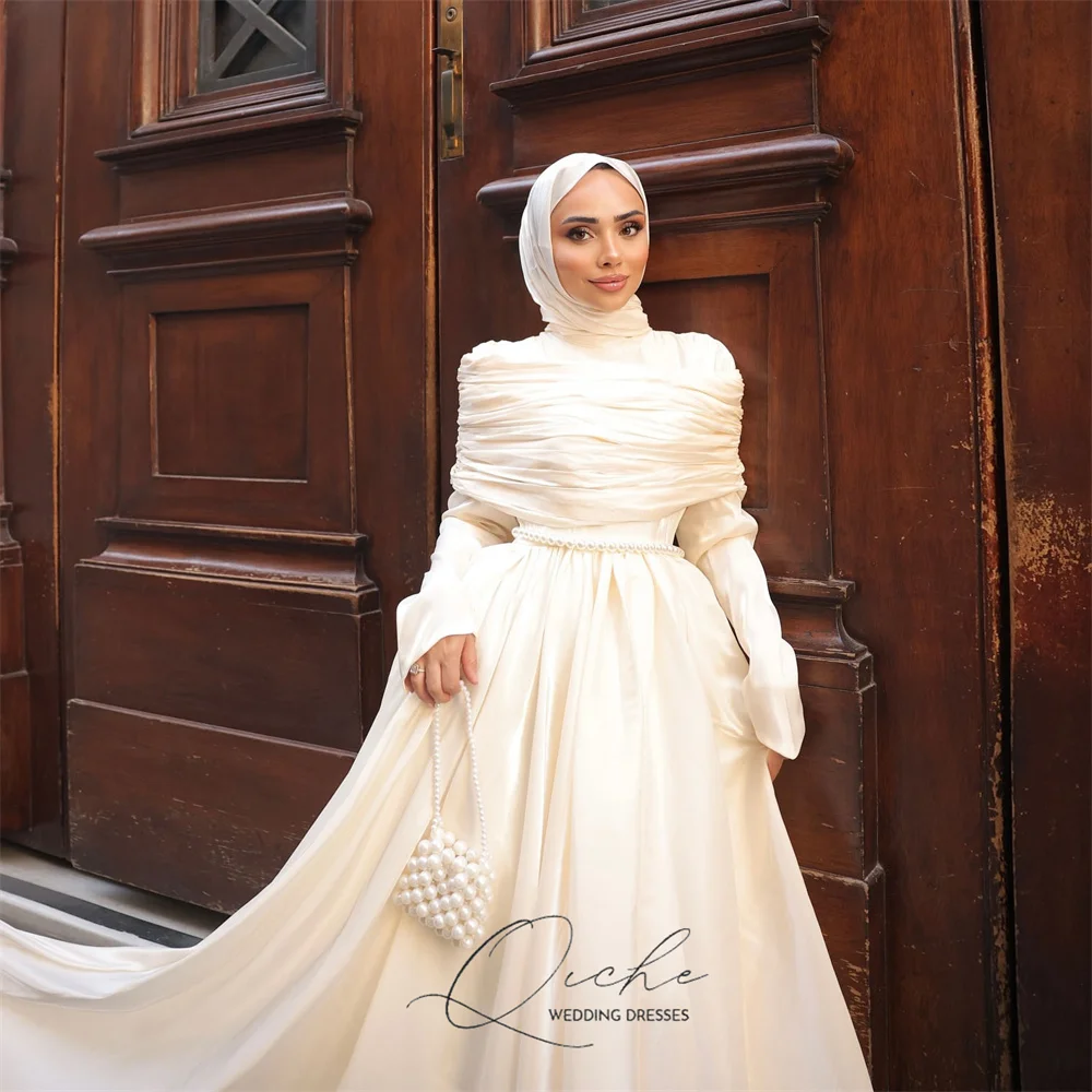QICHE Bescheiden Moslim A-lijn Trouwjurken Vrouwen 2026 Plooi Lange Mouwen Satijn Parels Party Gown Vestidos De Novia Aangepaste