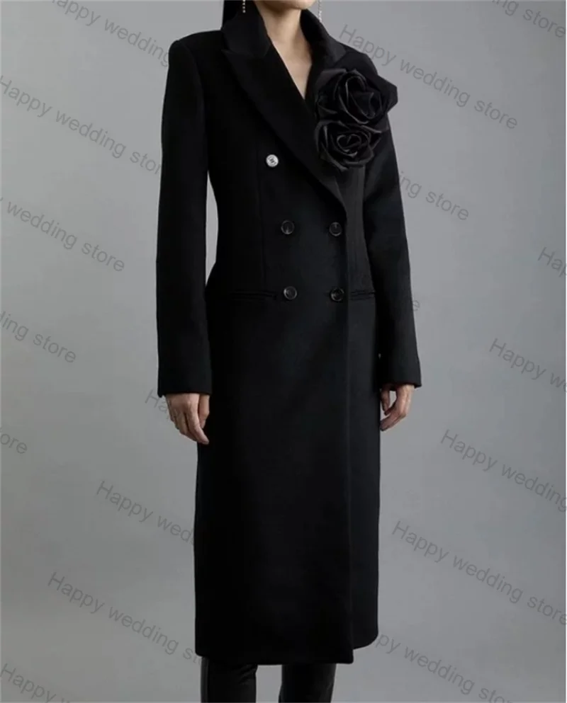 

Black Cashmere Wool Formal Women Suit 1 Piece Long Blazer Maxi Prom Dress 3D Flower Office Lady Warm Overcoat Jacket Customized