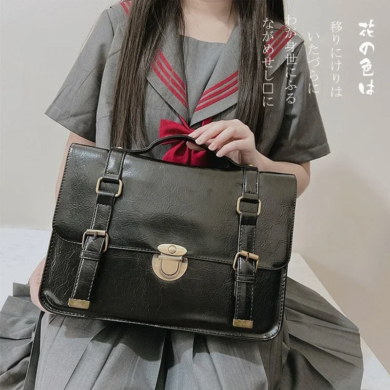 Xiuya Japanese Preppy Style JK Uniform Shoulder School Bags Women PU Leather Large Briefcase Tote Handbag For Girls Backpack