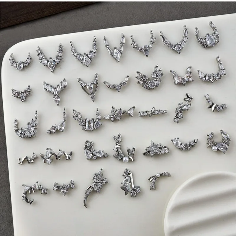 3PCS French Style Pretty Zircon V Edge Nail Art Rhinestones Silver Floral Bow Stacked Charms Decorations Manicure Accessories