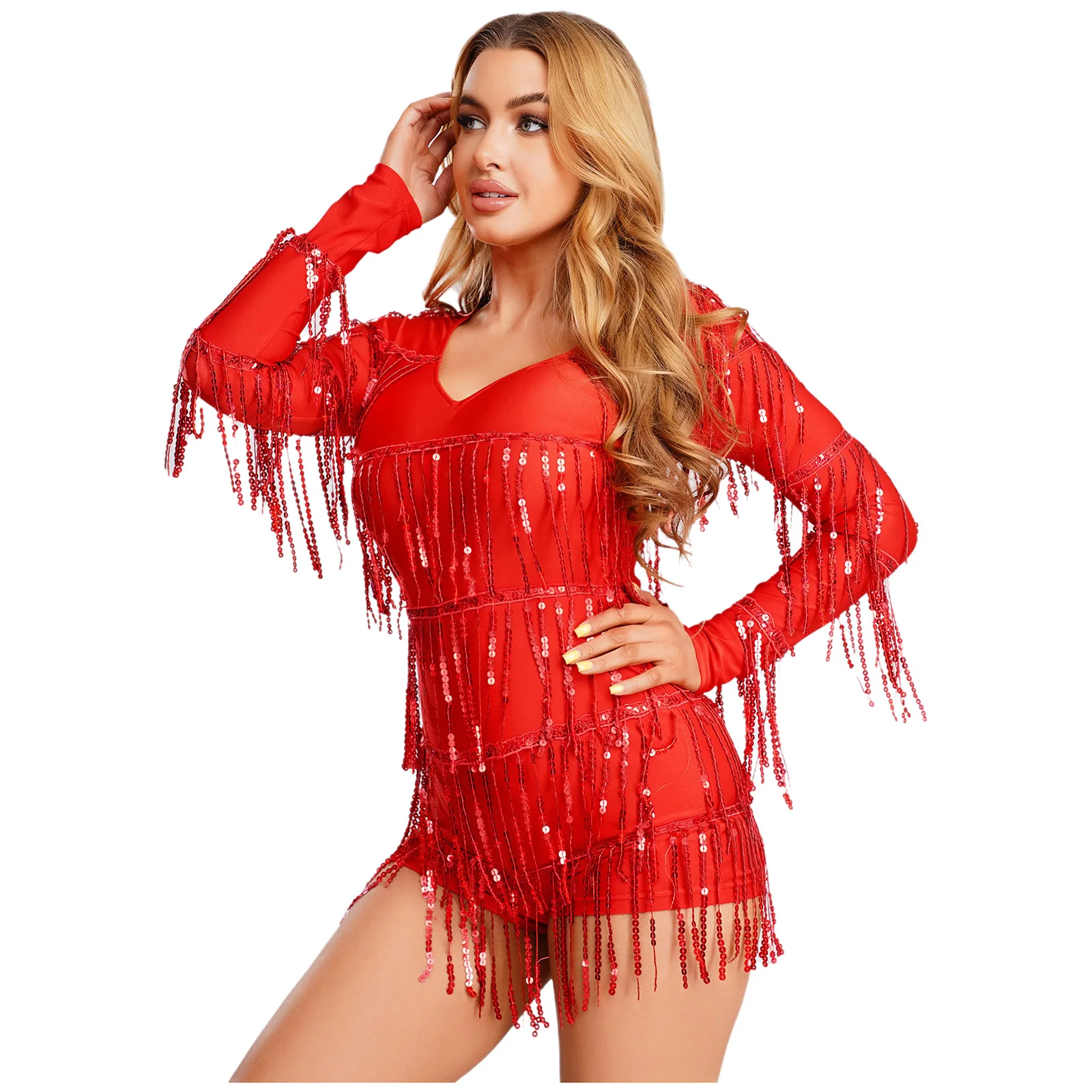 レディース グリッター フリンジ タッセル ボーイショーツ ボトム ジャンプスーツ Vネック 長袖 ティアード ロンパース ボディスーツ クラブウェア ポールダンス コスチューム