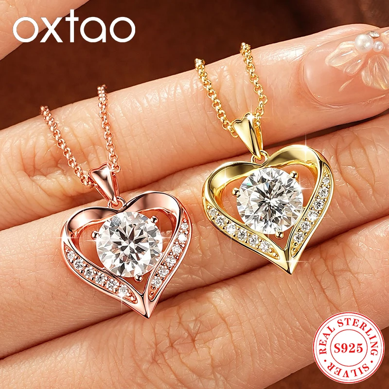 OXTAO Rose Gold Heart Moissanite Pendant Necklace 2ct 3ct D VVS1 Certified Original 925 Silver Charm Necklace Female Jewelry