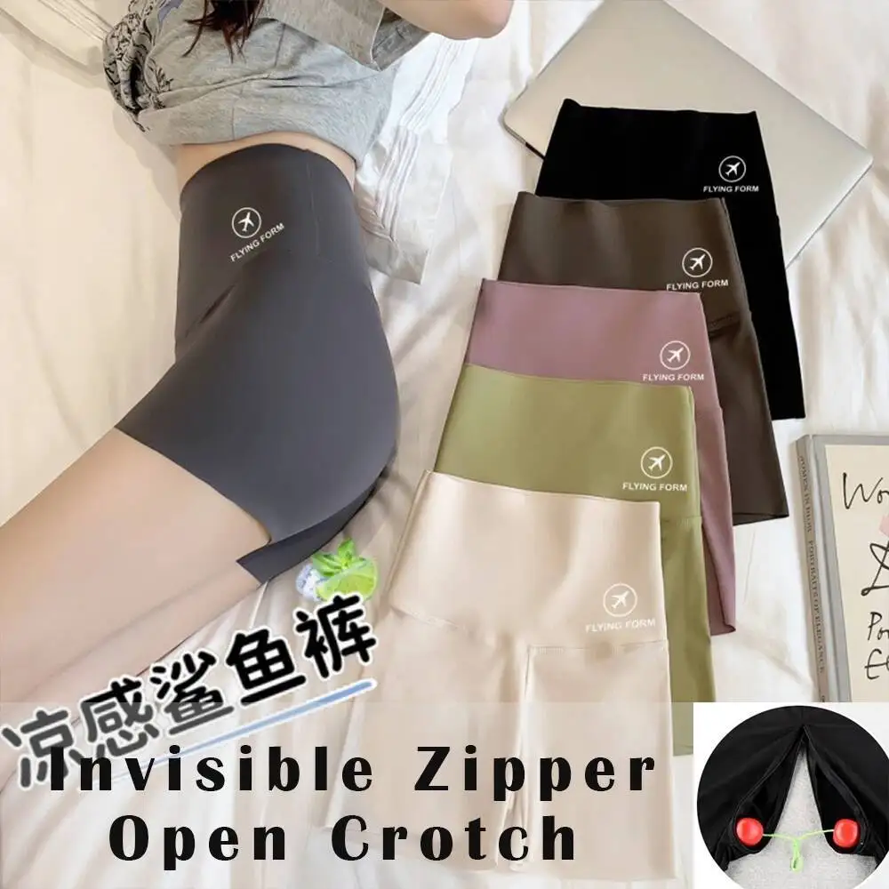 Invisible Zipper Open Crotch Sexy Shorts Summer Fitness Plus Size Sports High Waist Bottoms